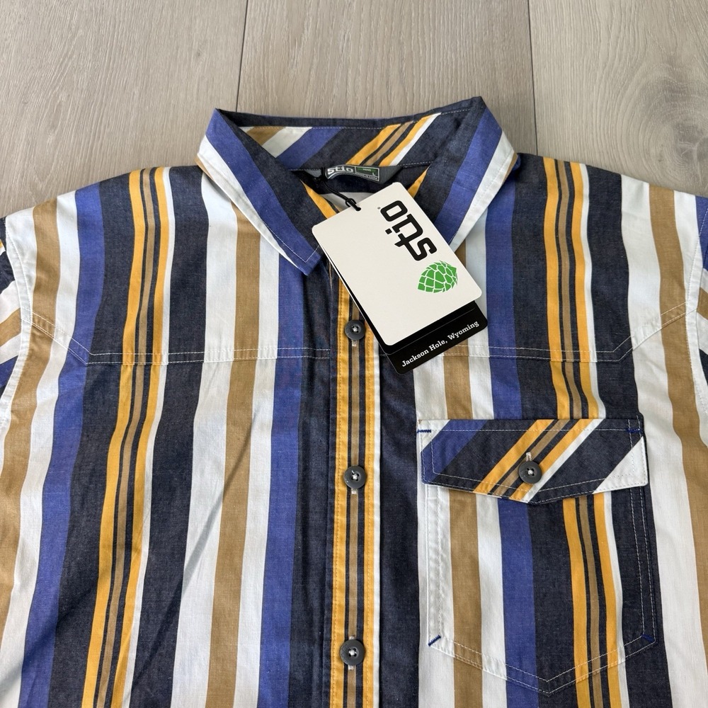 Stio Curtis Camp Shirt Mens L Large Muted Mist Striped Organic Cotton NWT